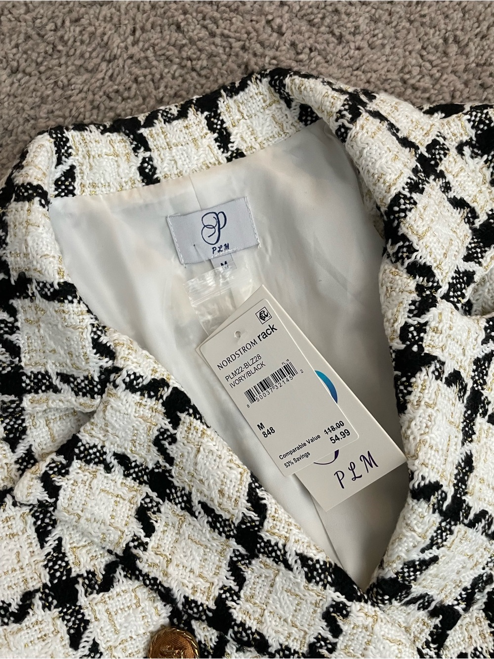 NWT PLM Nordstrom Rack Ivory Black Plaid Tweed Blazer Gold Buttons - Picture 3 of 6